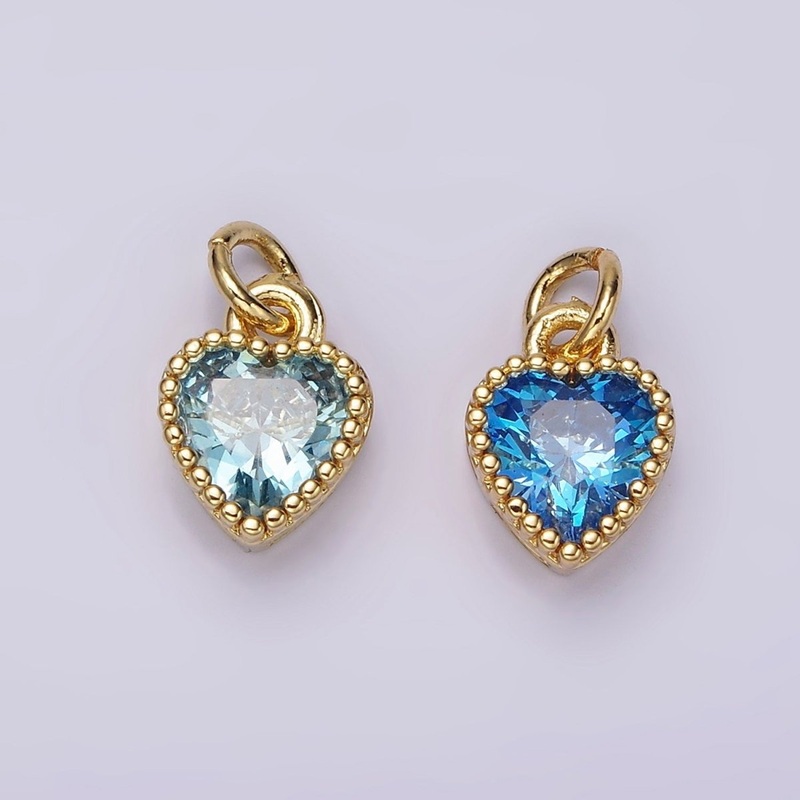 14K Gold Filled Blue, Baby Blue CZ Heart Dotted Bezel Add-On Charm | AC913 AC914 Blue