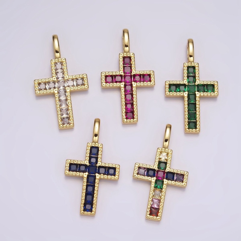 14K Gold Filled Clear, Fuchsia, Green, Blue, Multicolor Square CZ Latin Cross Pendant | AH098 – AH102 Clear