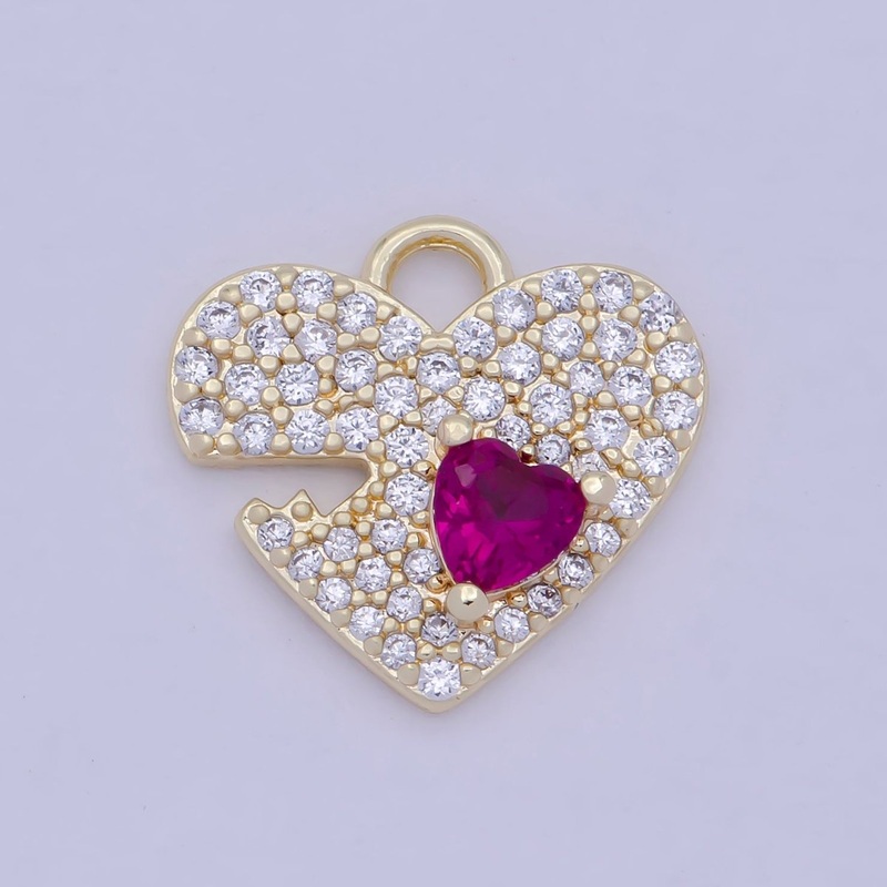 14K Gold Filled Clear Micro Paved Fuchsia CZ Heart Valentine Charm E-778