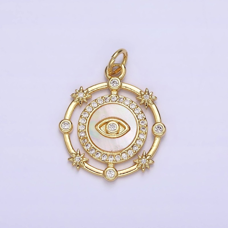 14K Gold Filled Evil Eye Shell Pearl Micro Paved CZ Celestial Star Dotted Round Charm | AC1437