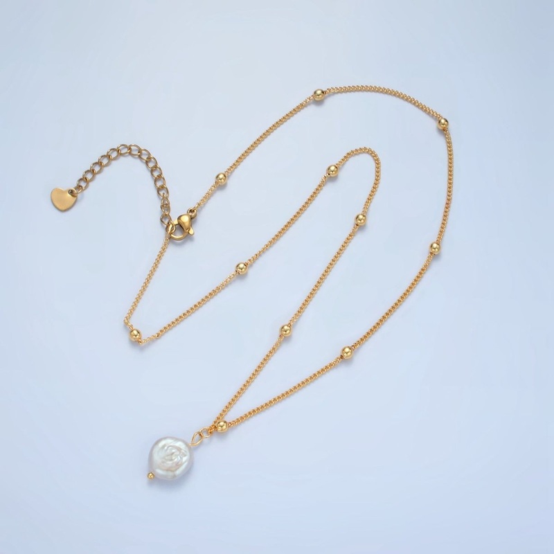 14K Gold Filled Satellite Bead Curb Chain Necklace with Mother of Pearl Charm 17.12 Inch with Extender | WA2576