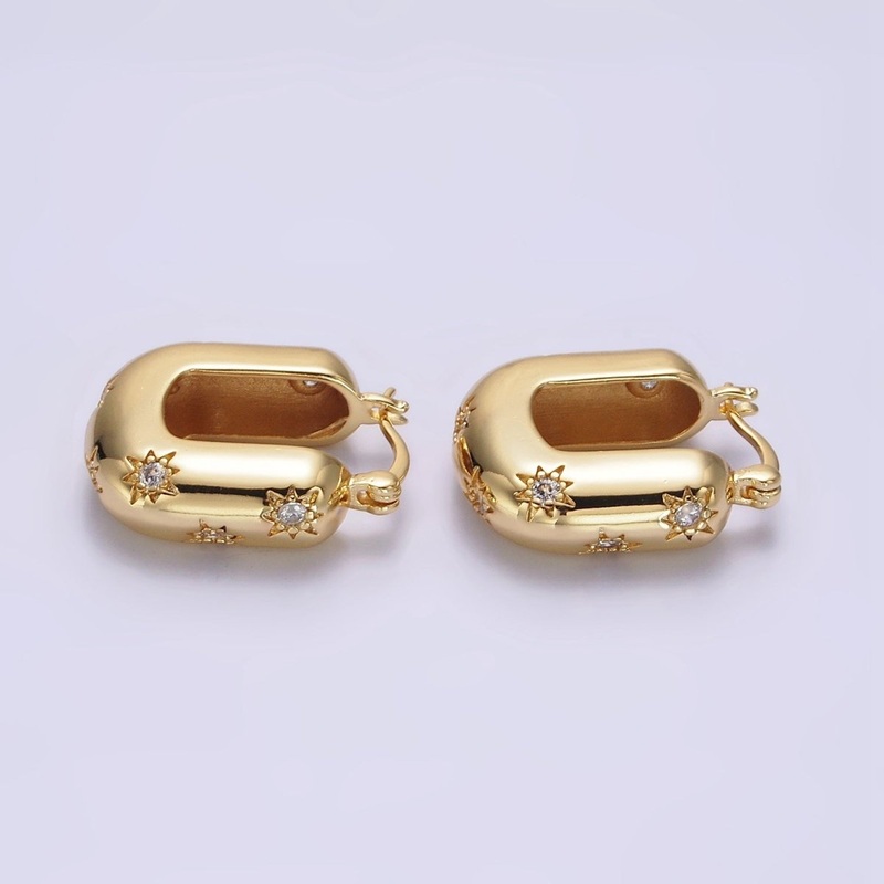 16K Gold Filled U-Shaped Dome Celestial Stars CZ French Lock Latch Hoop Earrings | AE636