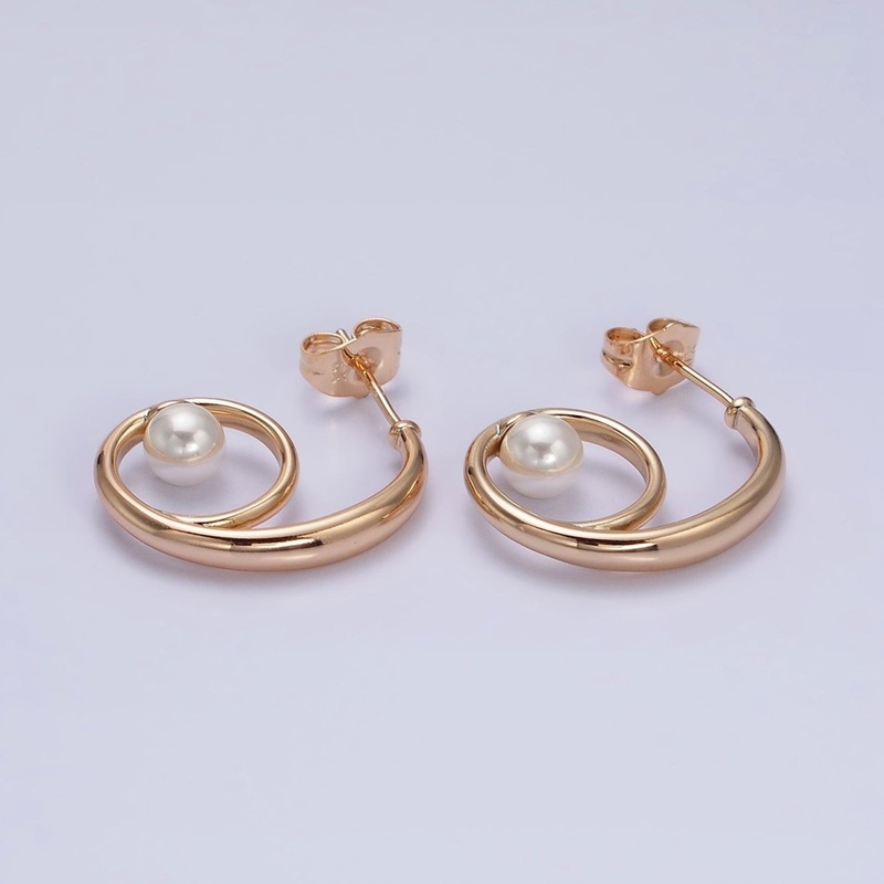 18K Gold Filled Curled Band Pearl Geometric J-Shaped Hoop Earrings | AD1448