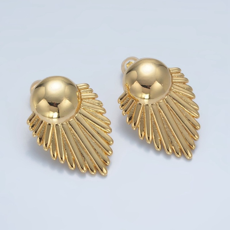 24K Gold Filled Dome Sunburst Feather Door Knob Stud Earrings | AD727