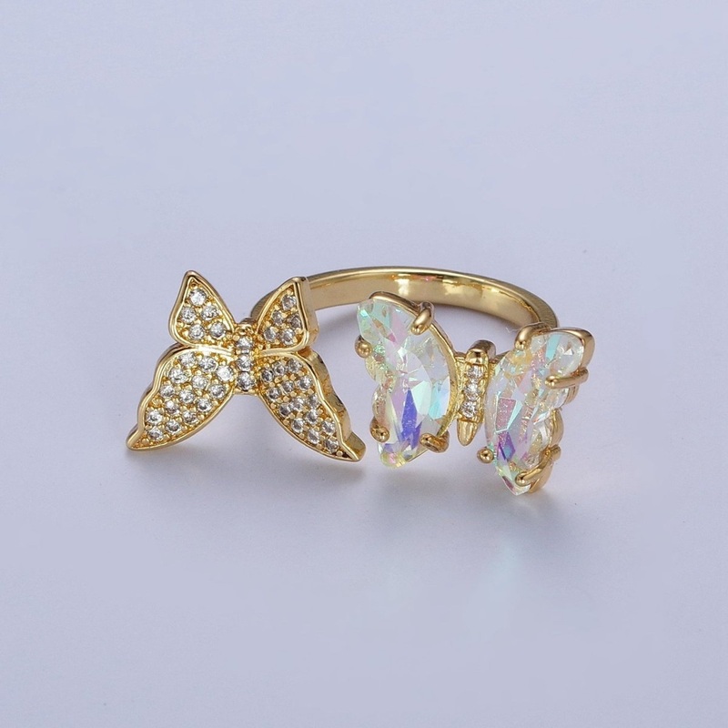 24K Gold Filled Micro Pave Cubic Zirconia Butterfly & Acrylic Mariposa Double Insect Butterfly Open Ring S-243