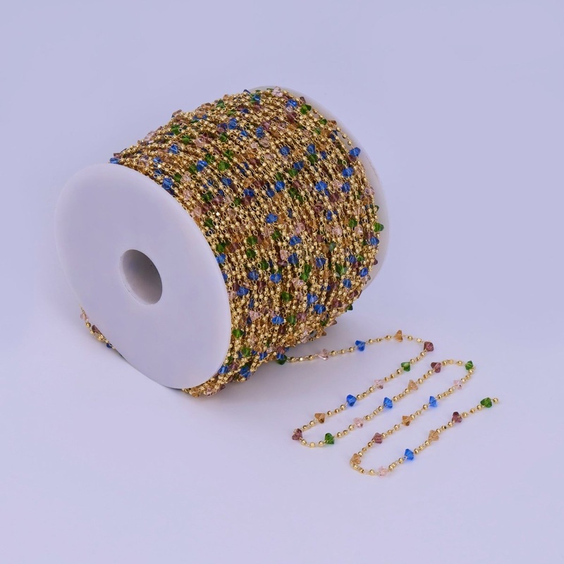 24K Gold Filled Multicolor Multifaceted Crystal Bead Ball Unfinished Chain by Yard | Roll-1659