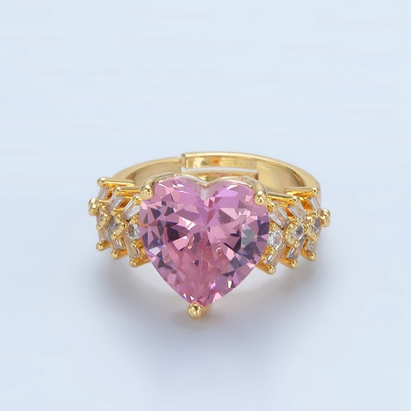 24K Gold Filled Pink Heart CZ Baguette Solitaire Ring | U350