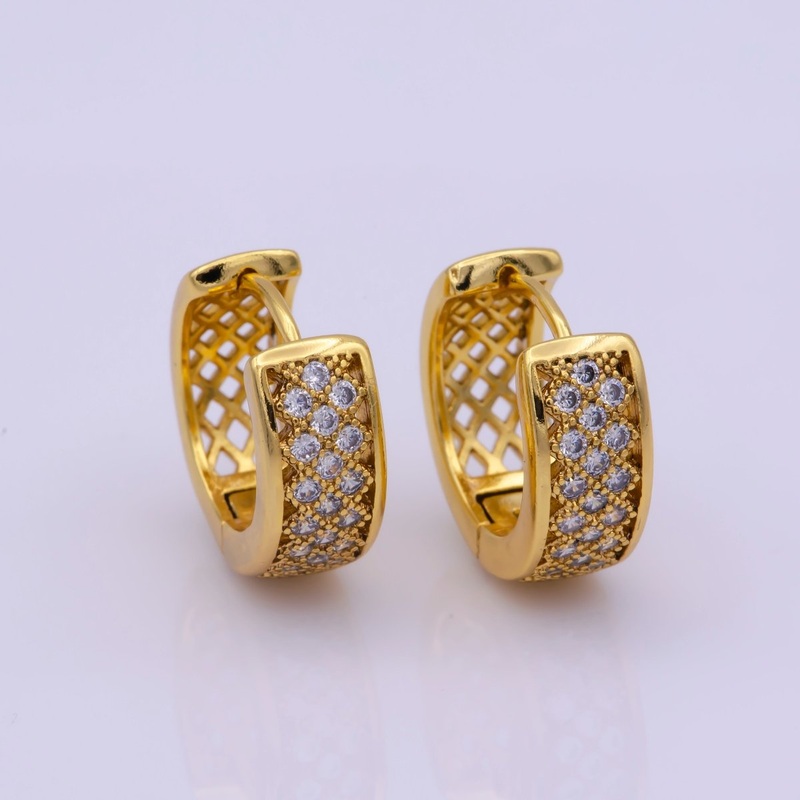 24K Gold Filled Wide Dome Micro Paved CZ 16.5mm Huggie Hoop Earrings | AE-530