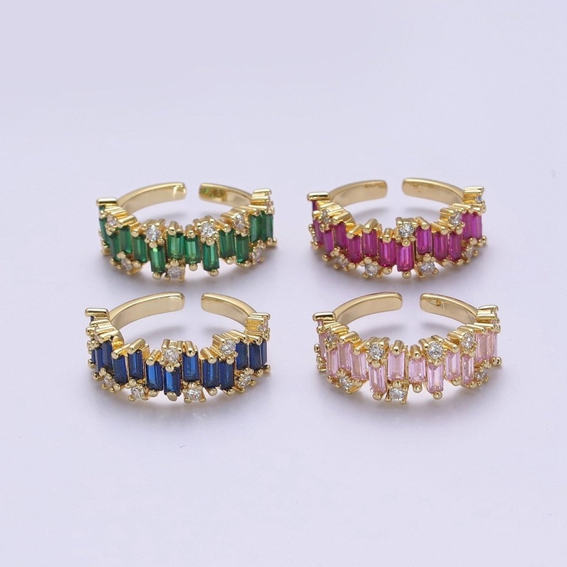 Color CZ Diamond Baguette Ring Irregular Setting Ring 14k Gold Filled Ring Stackable Adjustable Statement Jewelry S-477~S-480 Blue