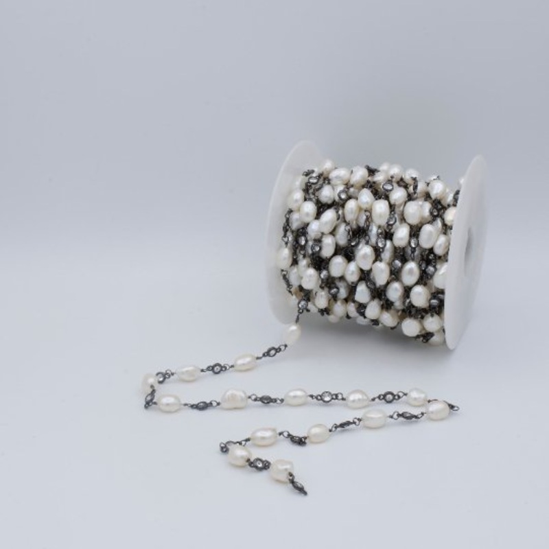 Gun Metal Charm Chain by Yard, Baroque Mother Pearl Paper Clip Link Chain by Yard | White Pearl Chain | ROLL-465 Clearance Pricing