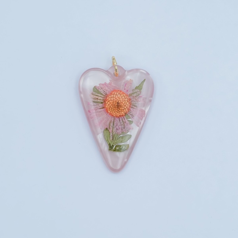 Handmade Pressed Pink Flower Heart Resin Charm | N065