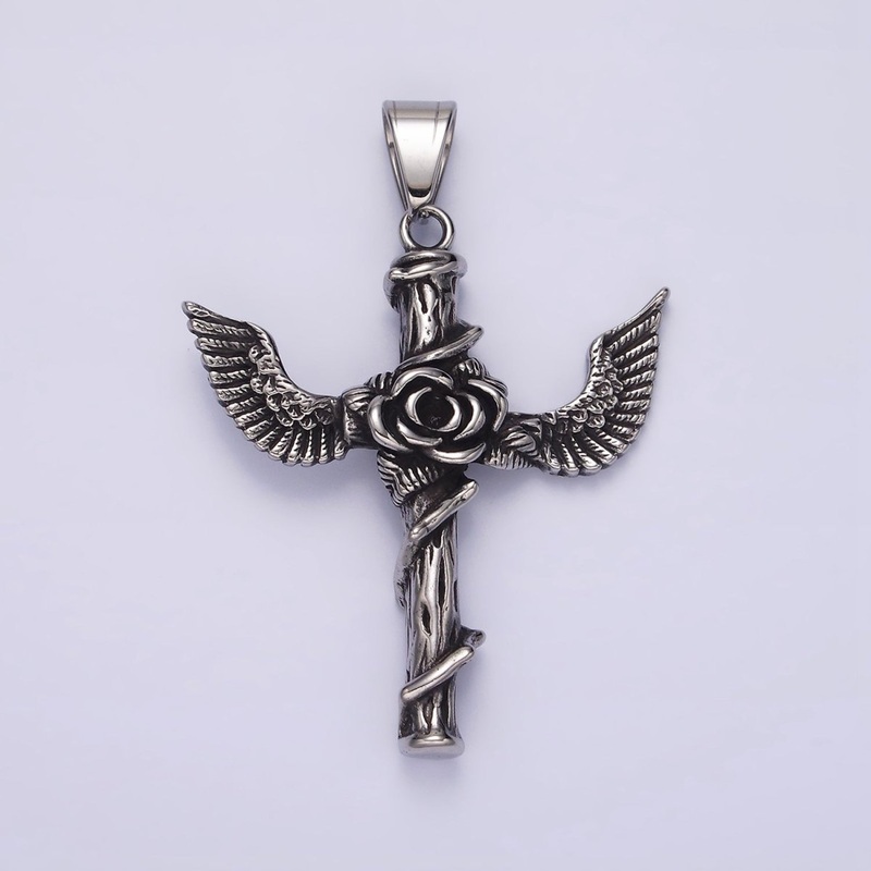 Stainless Steel 60mm Religious Cross Rose Flower Vine Wood Feather Wings Pendant | P-776