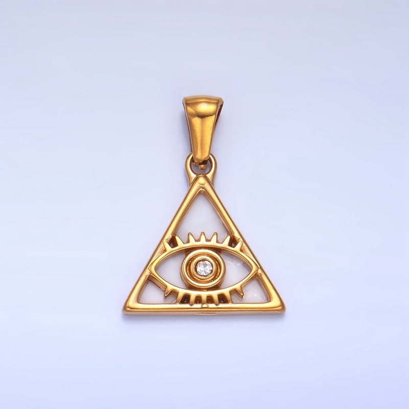Stainless Steel CZ Evil Eye Shell Pearl Triangle Pendant | P1543