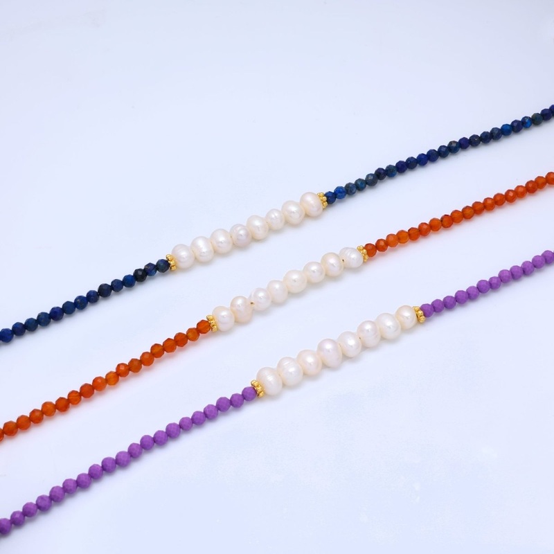 Stainless Steel Freshwater Pearl Lapis Lazuli, Citrine, Amethyst Gemstone 16 Inch Necklace | WA-3040 ~ WA-3042 Lapis Lazuli