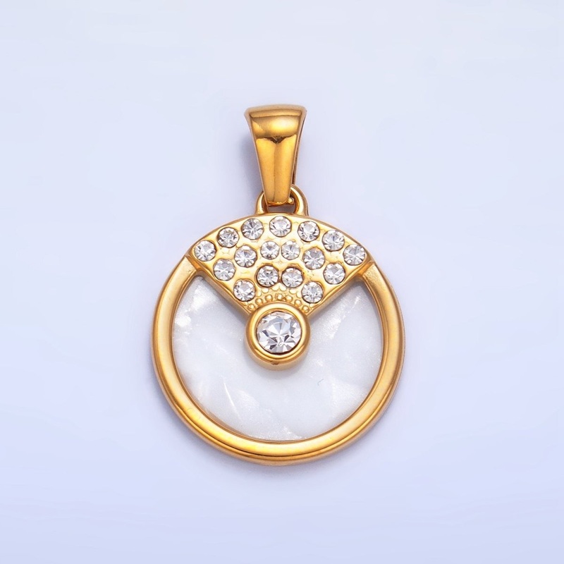 Stainless Steel Micro Paved CZ Geometric Shell Pearl Round Pendant | P1542