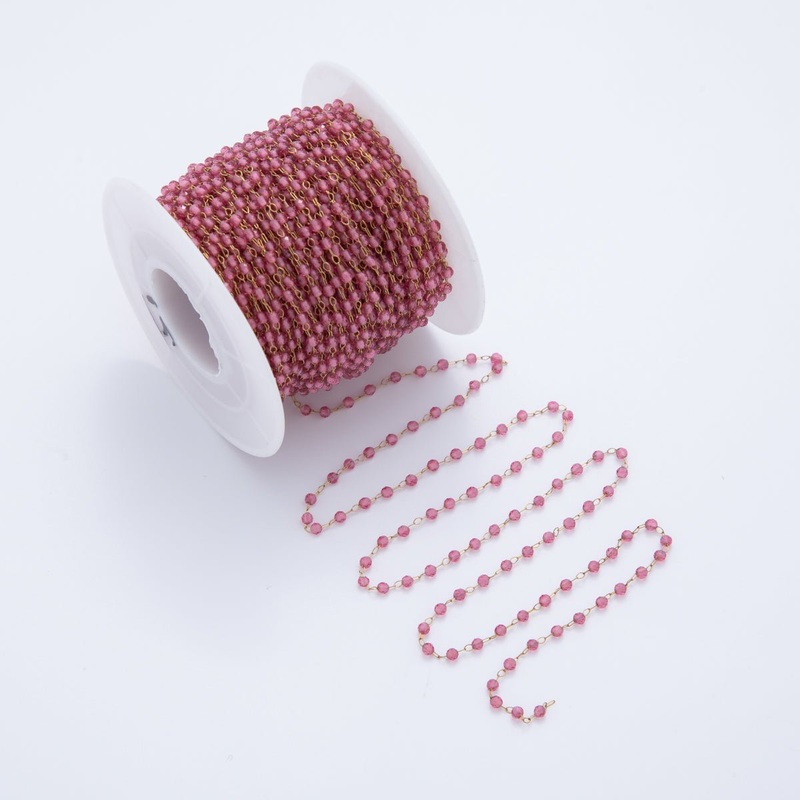 Stainless Steel Pink Multifaceted Round Gemstone Cable Unfinished Chain by Yard | Roll-1613