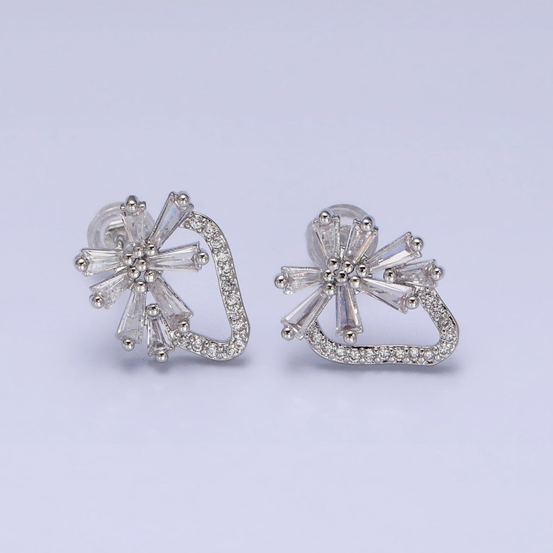 White Gold Filled Clear Baguette Flower Geometric Micro Paved CZ Stud Earrings | AD821