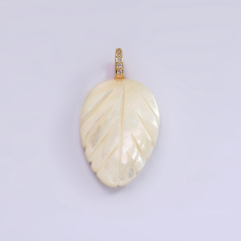 14K Gold Filled 30mm Shell Pearl Leaf Nature Micro Paved CZ Bail Pendant | P1653