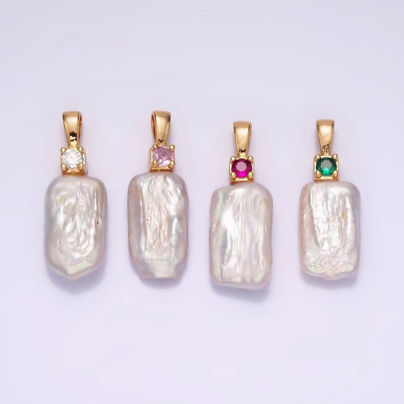 14K Gold Filled 30mm White Rectangular Biwa Freshwater Pearl Green, Pink, Clear, Fuchsia CZ Pendant | P1622 – P1625 Green