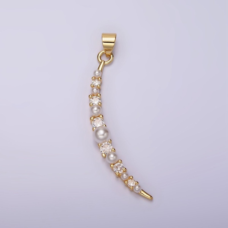14K Gold Filled Celestial Crescent Moon Pearl CZ Curved Lined Pendant | N1952
