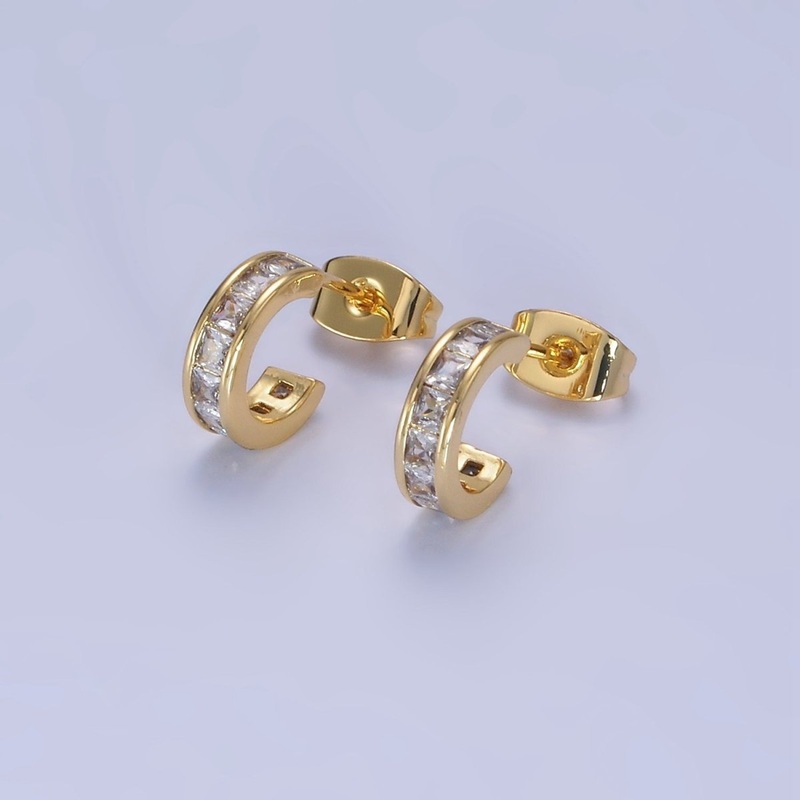 14K Gold Filled Clear CZ Square Lined Cartilage C-Shaped Hoop Earrings | AB1262