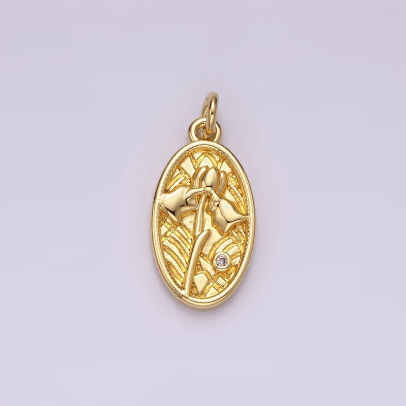 14K Gold Filled Clear CZ Triple Tulip Flower Textured Oval Charm | AC782