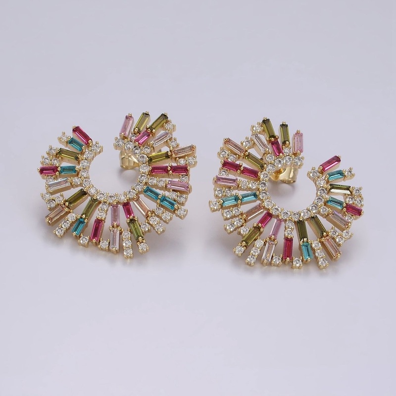 14K Gold Filled Multicolor CZ Baguette Micro Paved Circular Stud Earrings Set | AE405