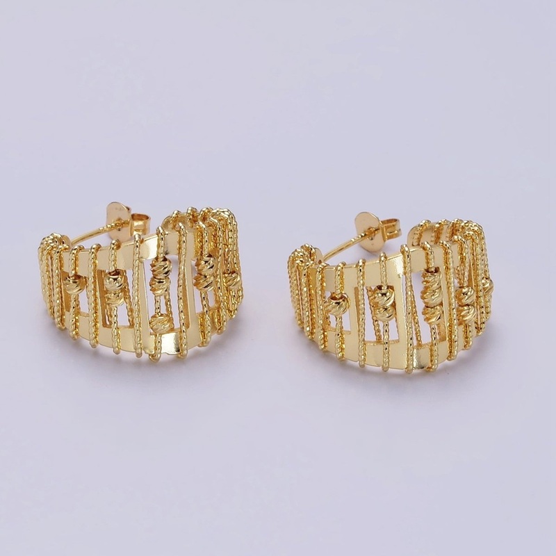 14K Gold Filled Wide Twisted Bead Wire Wrapped Open C-Shaped Hoop Earrings | AE687