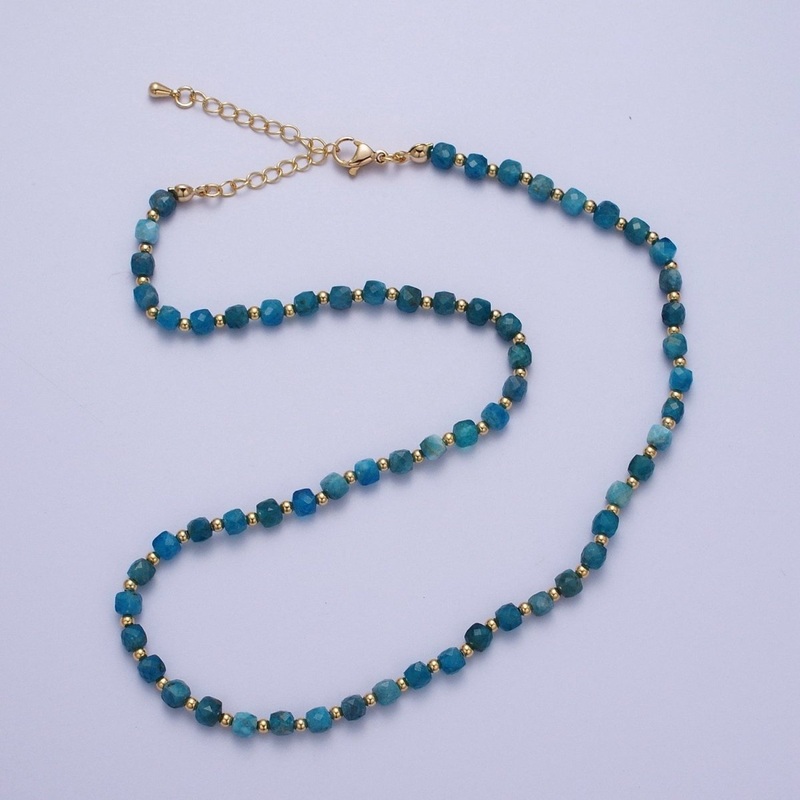 15.5 Inch Natural Blue Apatite Multifaceted Cube Gemstone w. Gold Bead Choker Necklace | WA-1426 Clearance Pricing