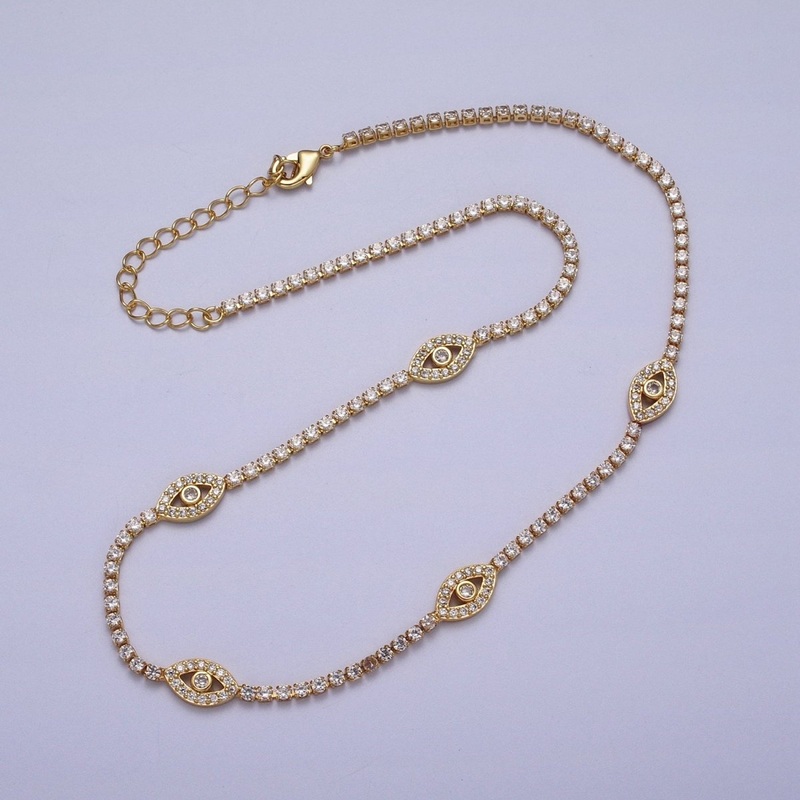 16K Gold Filled 2mm Evil Eye Micro Paved 16 Inch Tennis Chain Necklace | WA-2504 GOLD