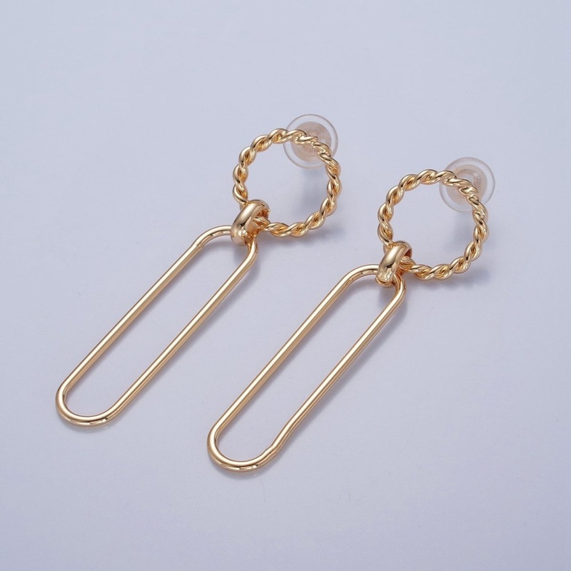 18K Gold Plated Oval Earrings, Geometric Drops, Twisted Round Lightweight Studs V-389