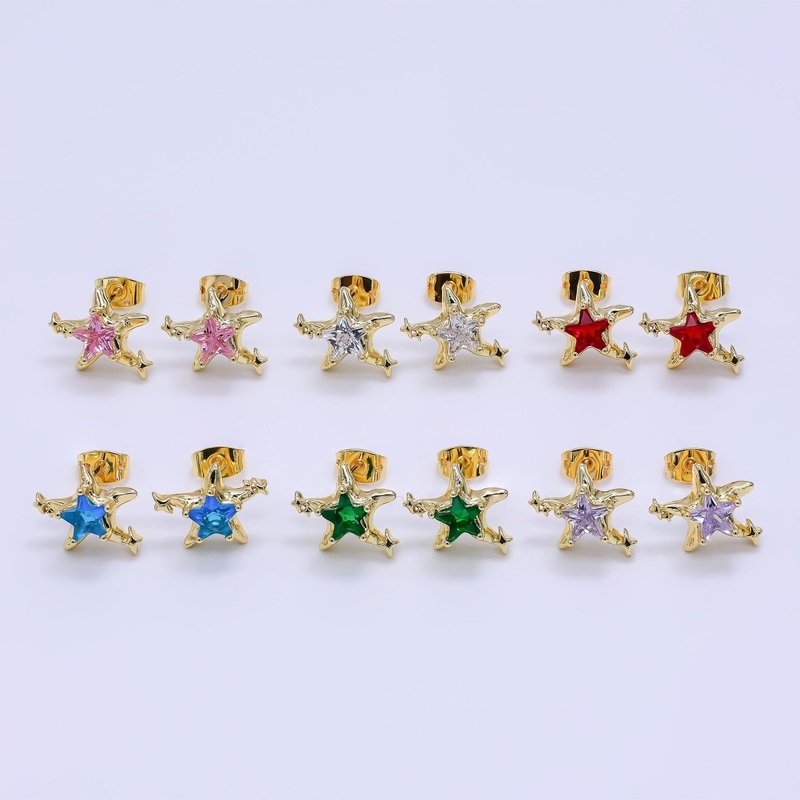 24K Gold Filled Green, Red, & Pink CZ Star-Shaped Stud Earrings | AJ-067 – AJ-072 Green