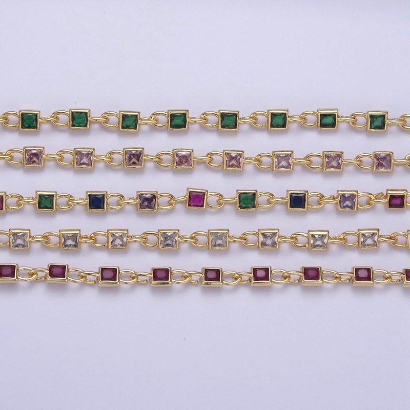 CZ Chain By The Yard, Genuine 4mm Square Shape CZ Bezel Chain Gold BULK Wholesale Cz Connector Chains | ROLL-758 to ROLL-761 Clearance Pricing Green 1 Yard