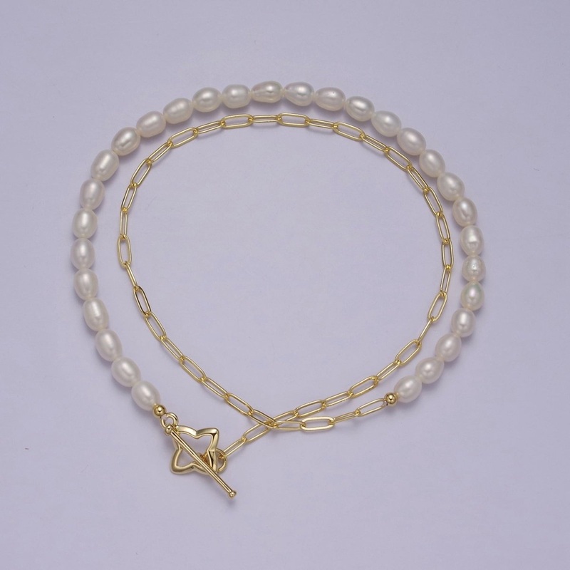 Dainty Half Baroque Pearl Half Paper Clip Chain Necklace 18k Gold Filled Toggle Necklace | WA-878 Clearance Pricing