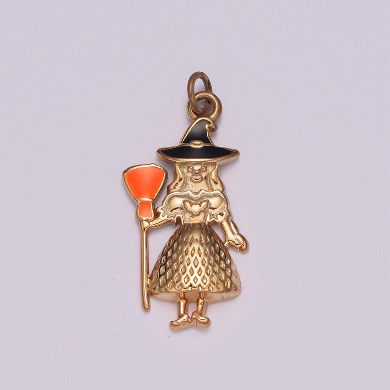 Gold Witch Charm Enamel Old Hag Witch With Broom for Halloween Pendant Jewelry Inspired, M-773