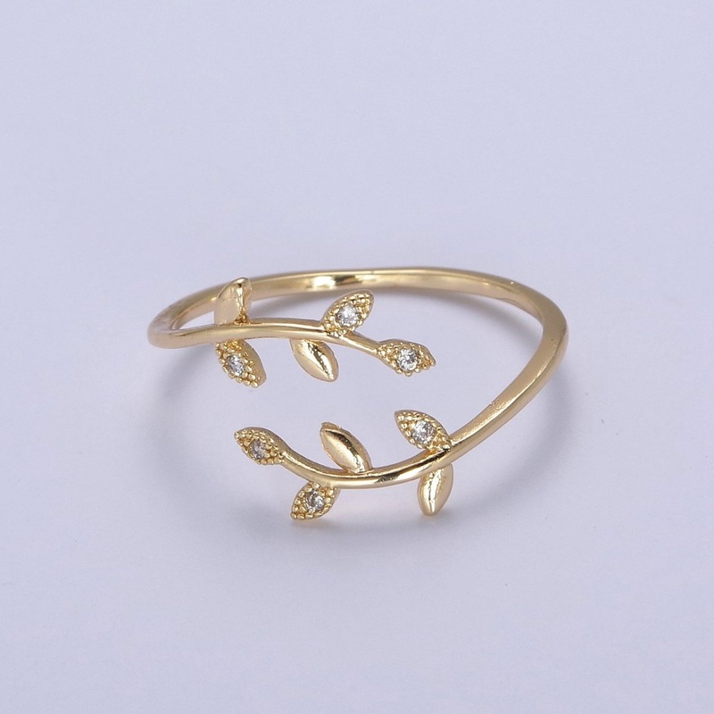 Micro Pave Olive Vine Leaf Adjustable Ring, Crystal Cubic Zirconia CZ Mother Nature Stacking Ring, Minimalist 16K Gold Filled Ring, Gift For Her Plant Mom U-436