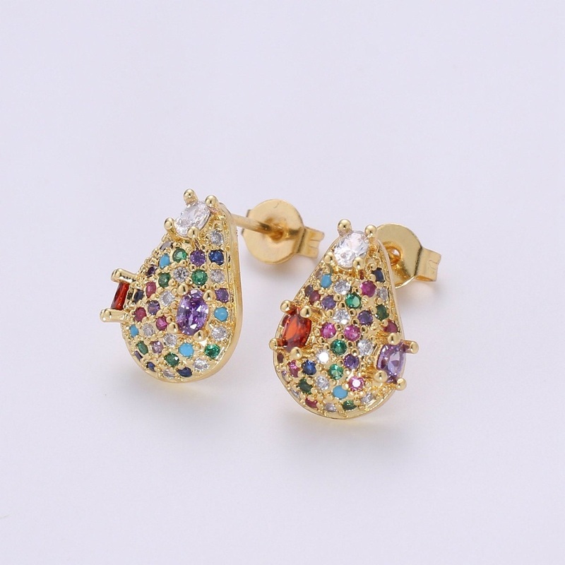 Multi Color Gold Tiny Stud Earrings – Rainbow Micro Pave Studs – Dainty CZ Studs 10mm Tear Drop Crystal Small Stud Earrings Q-311