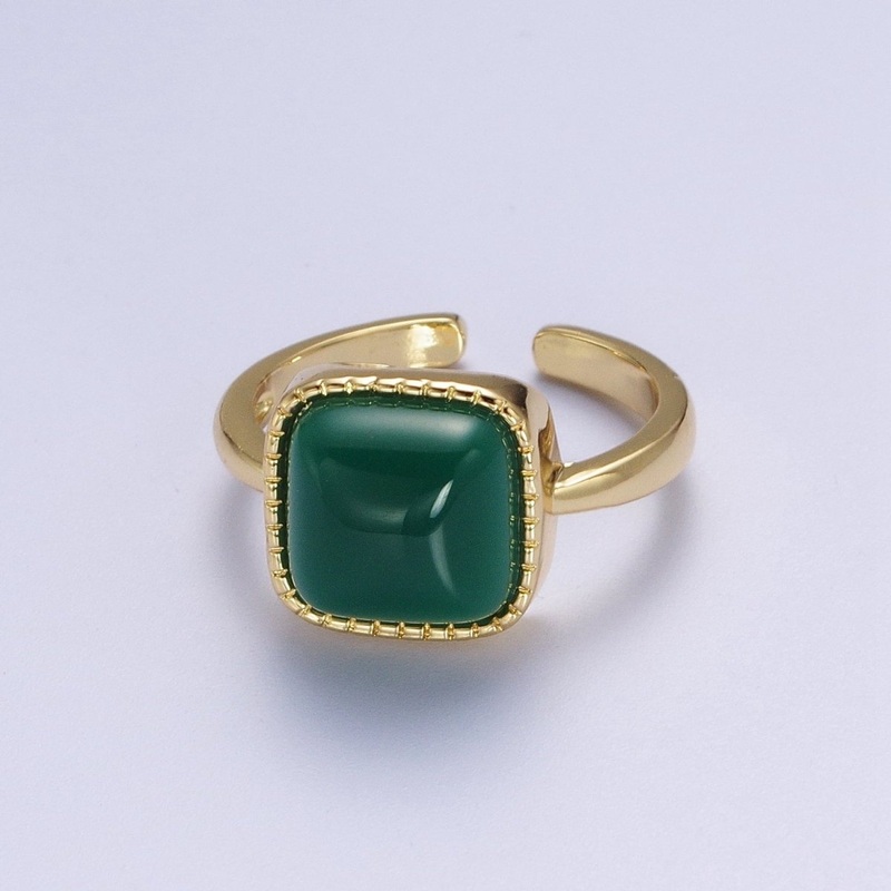 Natural Green Agate Rectangle Natural Stone Minimalist Adjustable Gold Ring | O-017