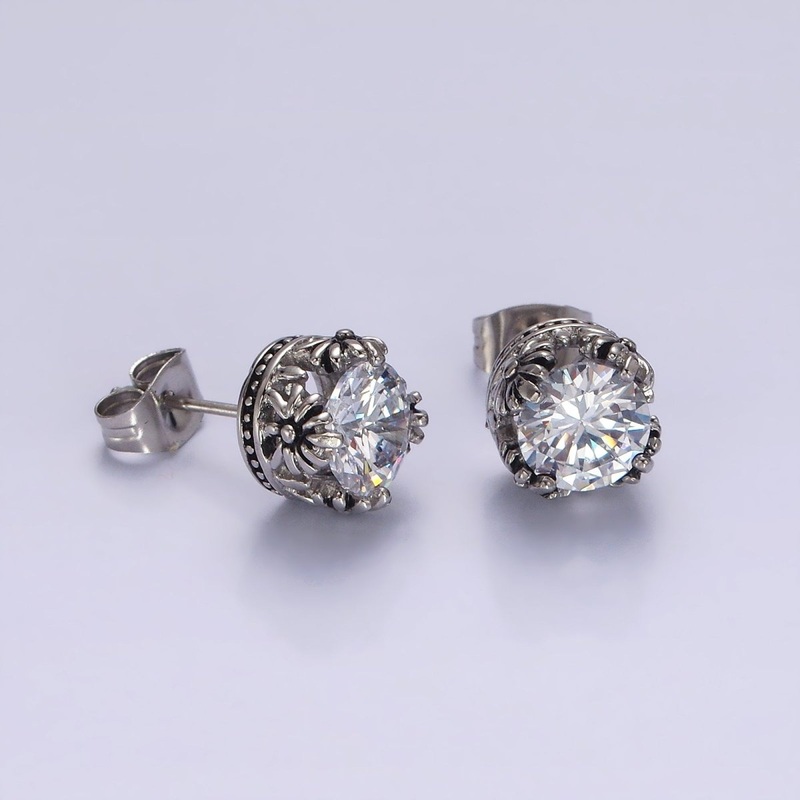Stainless Steel 8.5mm Clear Round CZ Flower Lined Stud Earrings | AE756