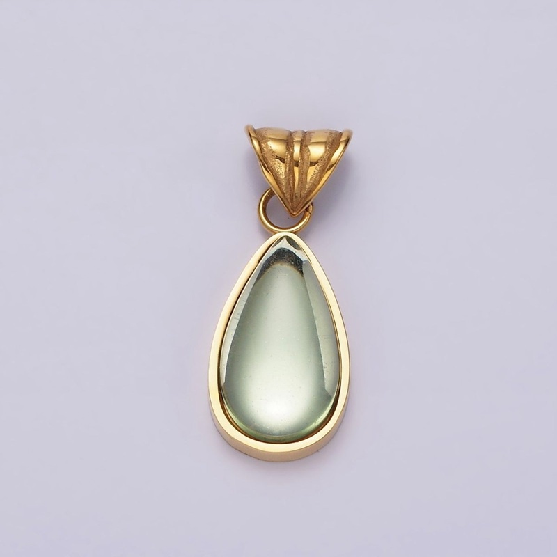 Stainless Steel Gold Tear Drop Green Charm Pear Pendant Charm for Necklace Bracelet Drop Jewelry | P-834
