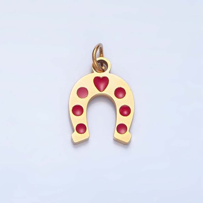 Stainless Steel Red Enamel Heart Horseshoe Charm | P1516