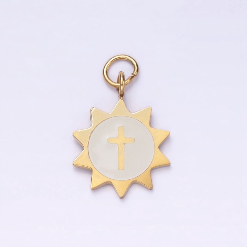 Stainless Steel Religious Cross White Celestial Sun Charm | P1357