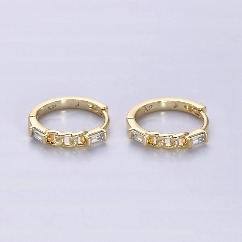 14K Gold Filled 14mm Double Baguette Curb Link Huggie Earrings | AE588