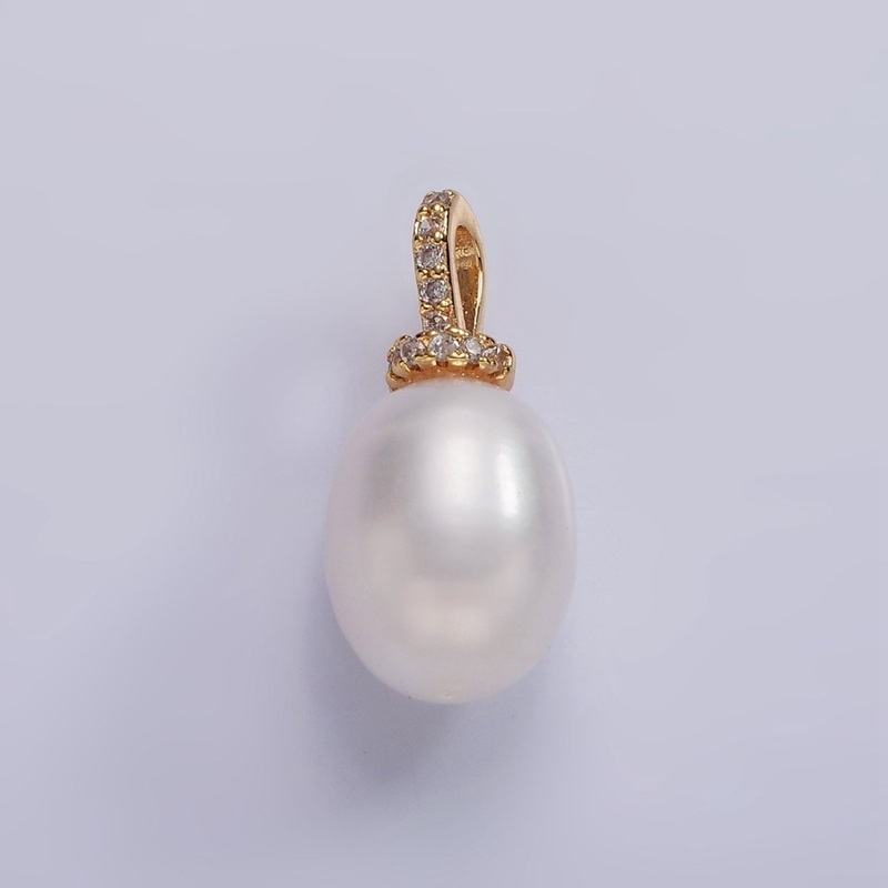 14K Gold Filled 20mm Freshwater Pearl Button Drop Micro Paved CZ Bail Pendant | P1628
