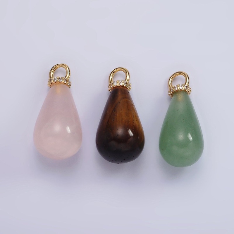 14K Gold Filled Aventurine, Tiger Eye, Rose Quartz Teardrop Drop Micro Paved CZ Charm | AC928 – AC930 Aventurine