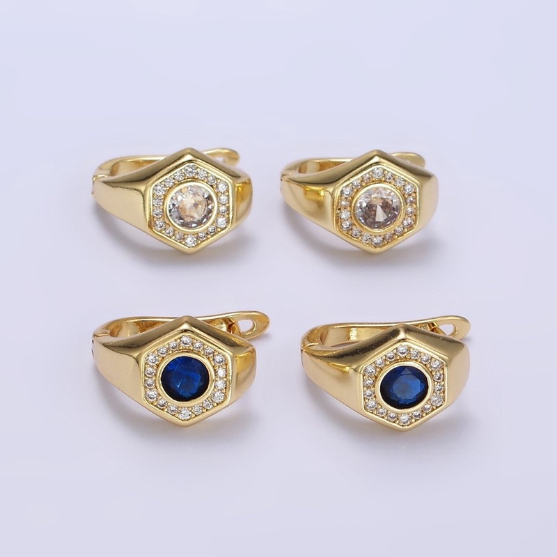14K Gold Filled Clear, Blue CZ Micro Paved Hexagon English Lock Earrings | AB1178 AB1179 Clear