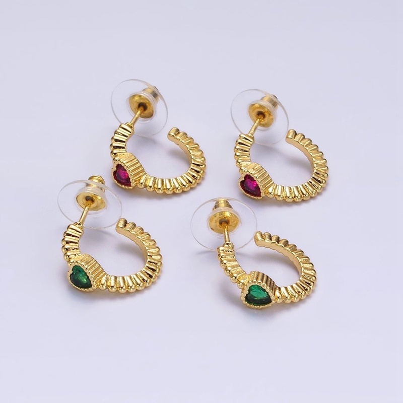 14K Gold Filled Clear, Fuchsia, Green Heart CZ Beaded 16mm C-Shaped Hoop Earrings | AE882 – AE884 Clear