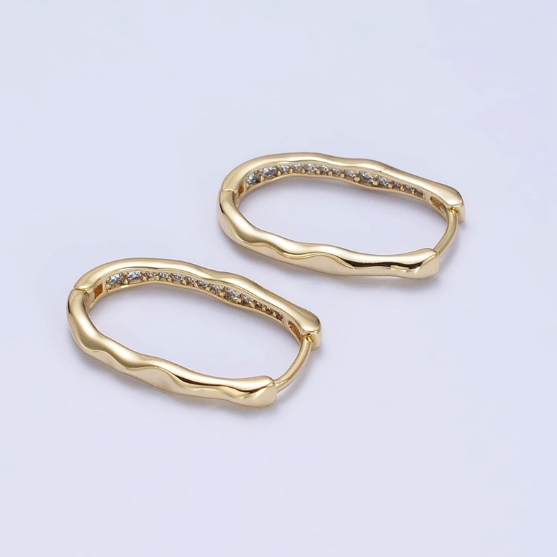 14K Gold Filled Oblong Hammered Geometric Micro Paved Hoop Earrings | AB266