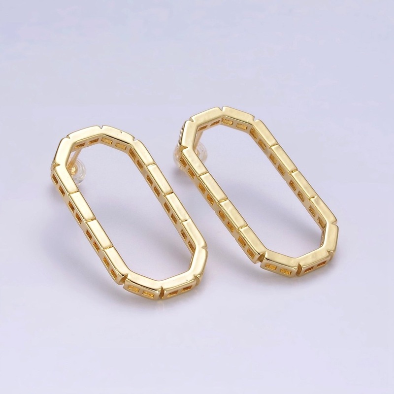 14K Gold Filled Open Oblong Drop Hexagonal Brick Bar Stud Earrings | AE659