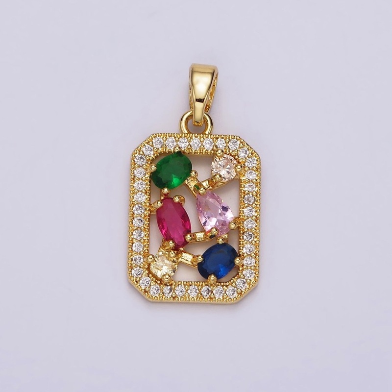14K Gold Filled Oval Multicolor CZ Micro Paved Open Tag Pendant | AH061